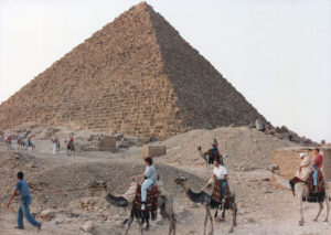 Tourists riding past the the pyramid of Mykerinus/Menkaure