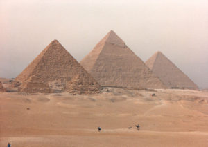 The pyramids (L to R) Mykerinus/Menkaure, Kephren/Khafre and Cheops/Khufu