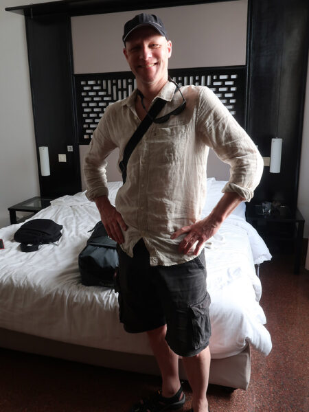 Peter, leaving the White Mansion Hotel in Phnom Penh (Photo by Carol)