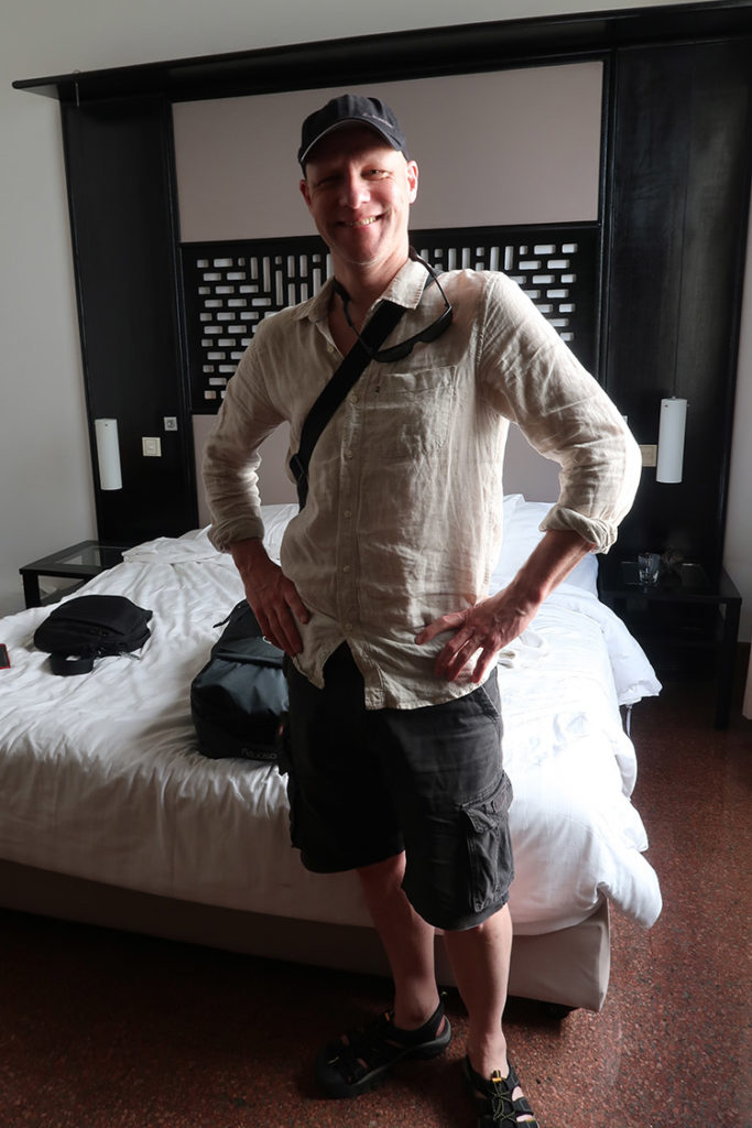 Peter, leaving the White Mansion Hotel in Phnom Penh (Photo by Carol)